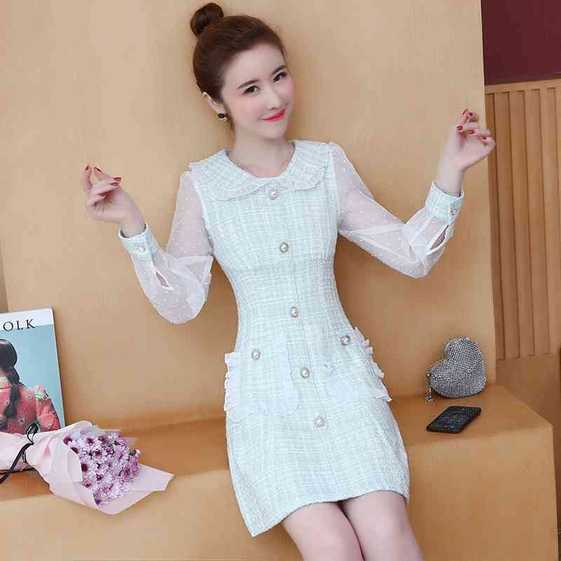 Autumn And Winter Tweed Dress Women Long Sleeve Patchwork Korean Chic Elegant Sweet Party Vestidos 210520