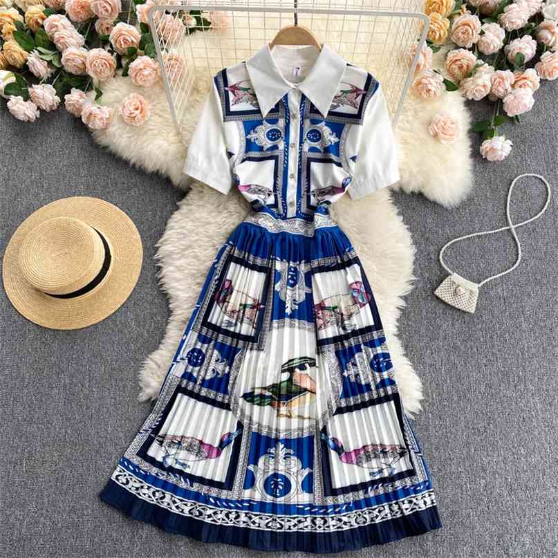 Women's Fashion Short-sleeved Printing Pleated A-line Dress Vintage Elegant Clothes Vestidos De Mujer S768 210527
