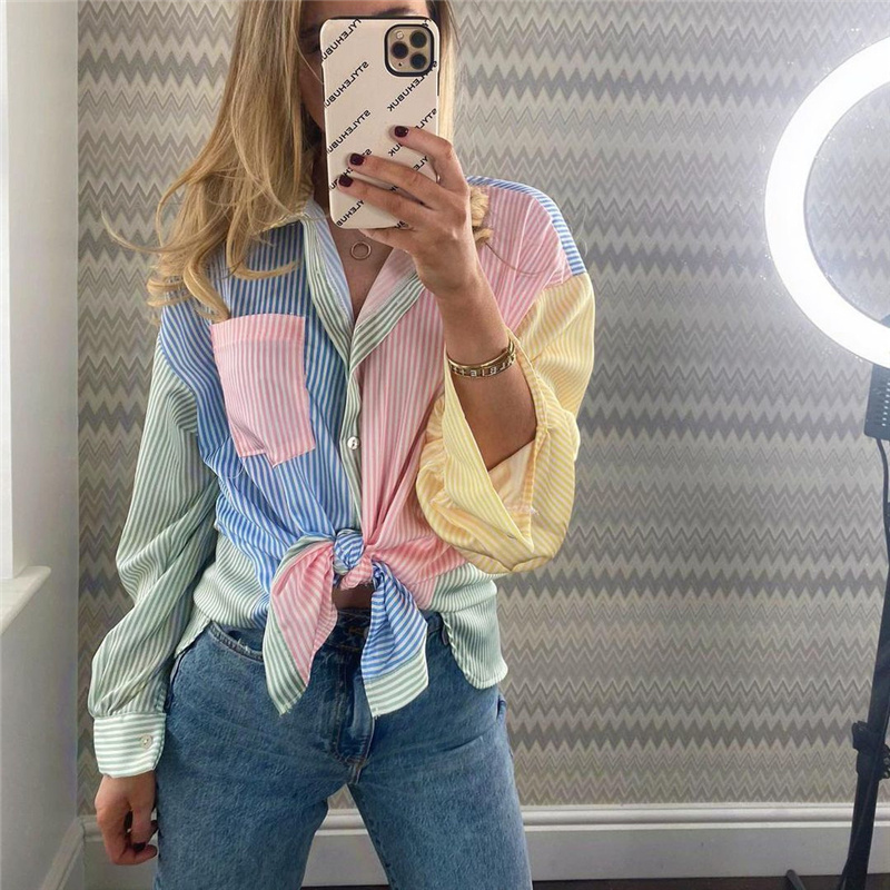 PUWD Casual Woman Loose Stripe Patchwork Shirt Spring Fashion Ladies Oversized Shirts Female Sweet Colorful Tops 210522