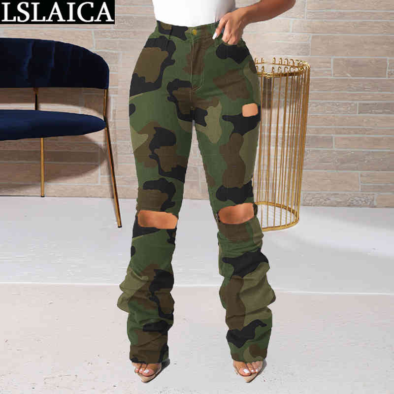 Sweat Pants for Women Camouflage Hole Ruched Trousers Casual Elastic Waist Streetwear Fashion Spodnie Dresowe Damskie 210515