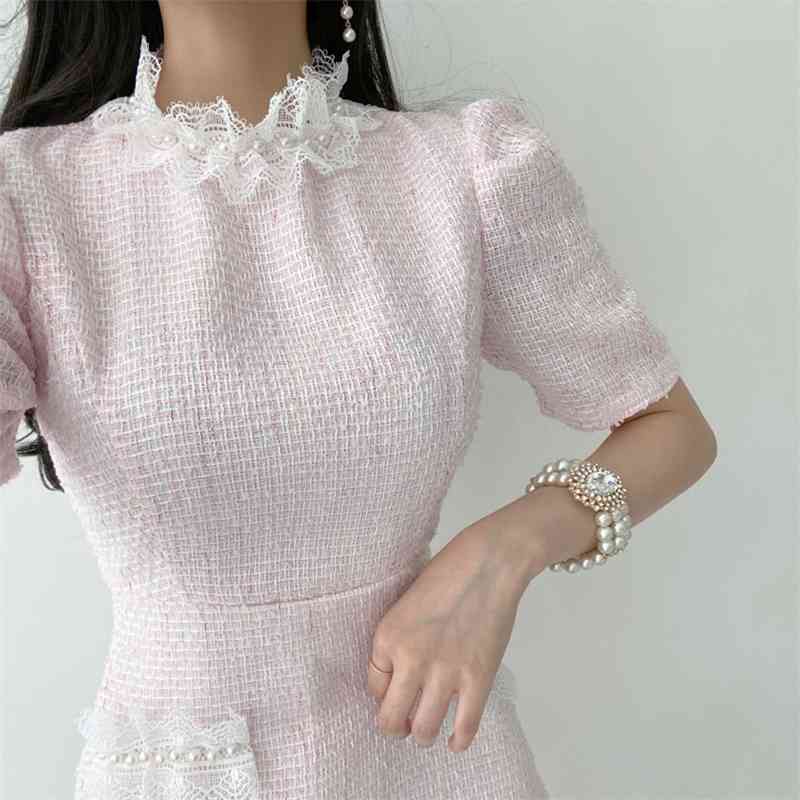 Fashion Sweet Pearl Lace Ruffle Summer Dress Robe Ladies Short Sleeve Tweed Mini Vestido Da Festa 210520