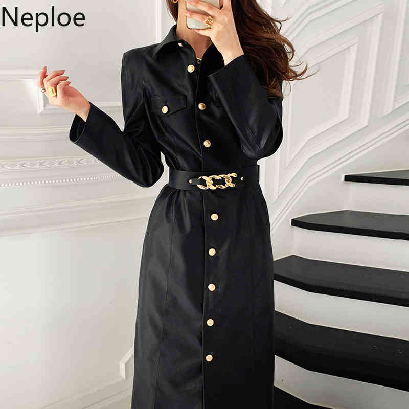 Neploe Korean Fashion Dress for Women Temperament Turn-down Collar Vestidos Single Breasted Belt PU Elegant Dresses Woman 4G320 210422
