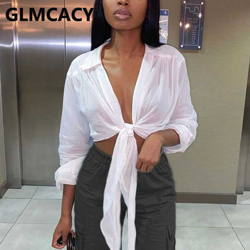 Women Long Sleeve Tie Up Top Blouse Shirts 210721, White