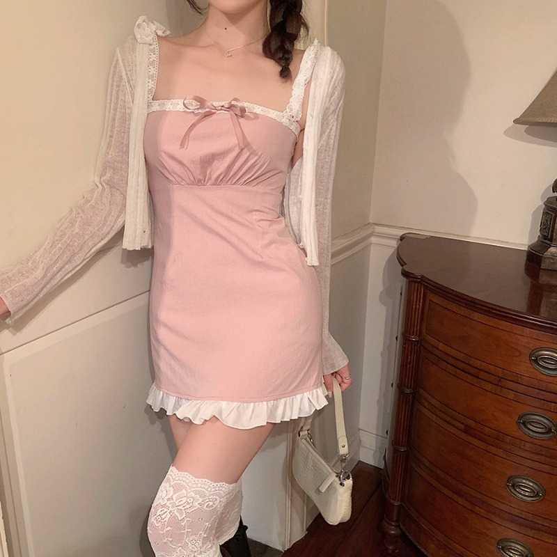 Lace Pink Girl's Dress Waist Hugging Slimming French Dress Summer Style Temperament Dress 210630