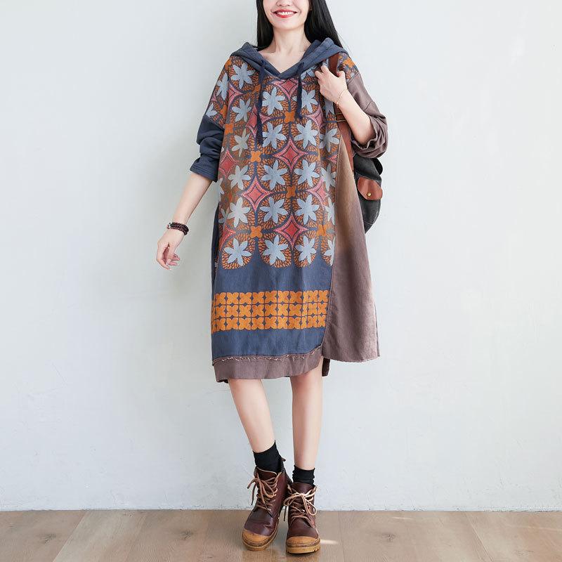 2021 Autumn Winter Patchwork Hooded Dress Women Print Korean Style Knit Cotton Robe Female Big Size Loose Casual Dresses