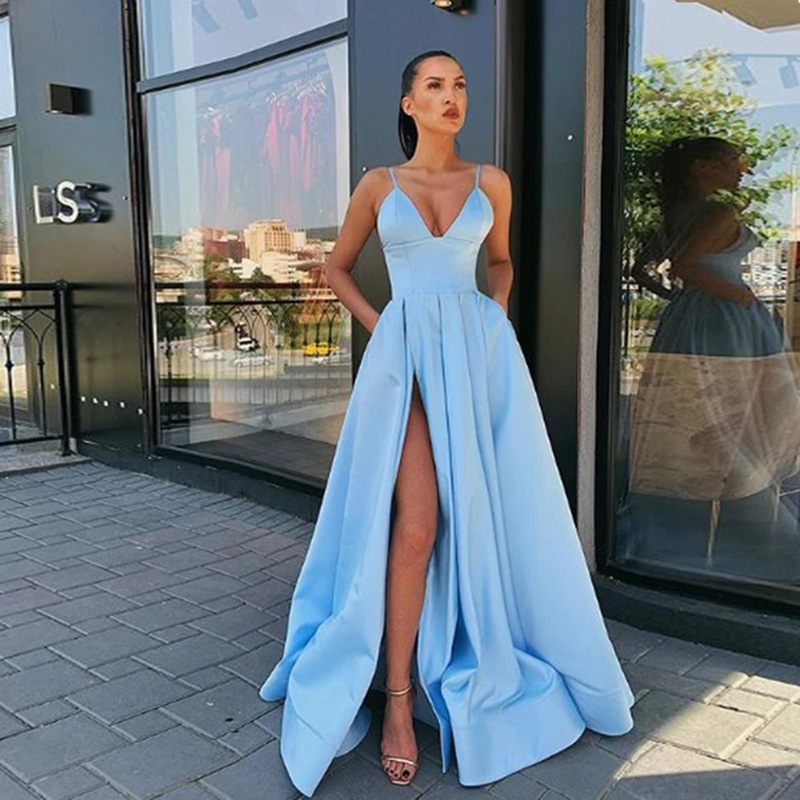 Sexy V Neck Satin Evening Dresses Spaghetti Strap Side Slit Prom Dress High Waist Evening Gowns Party Dress Robe de soiree