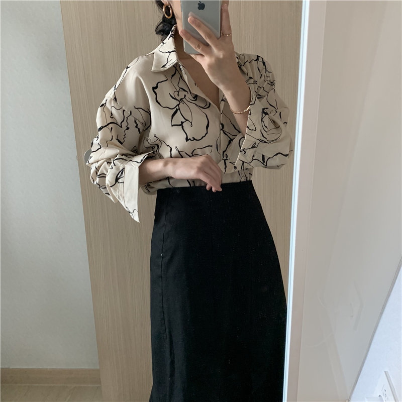 Korean Chic Sketch Flower Abstract Print Single Breasted Loose Long Sleeve Shirts Streetwear Office Lady Blouses 210421