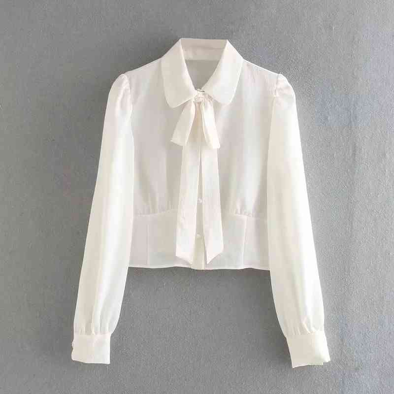Solid Fashion Bow Decoration Casual Blouse Office Lady Pearl Button Chic Shirt Chiffon Long Sleeve Elegant Women Tops 210521