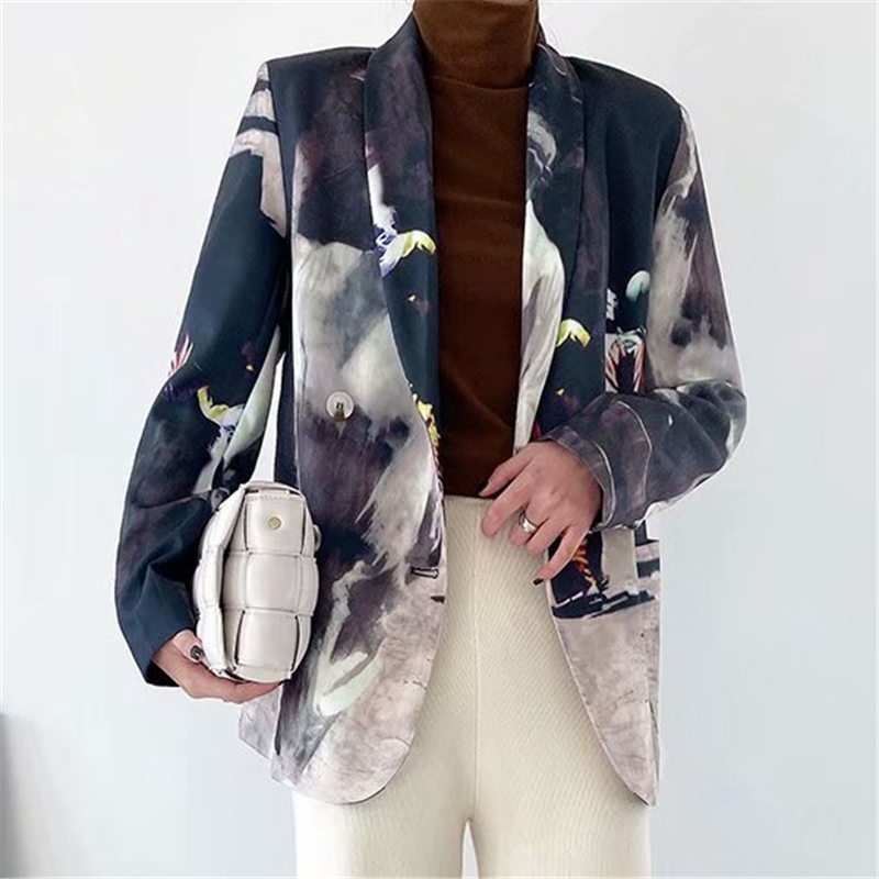 Vintage Women Pocket Print Blazers Fashion Ladies Striped Patchwork Coats Causal Female Chic Double Breasted Jacket 210430