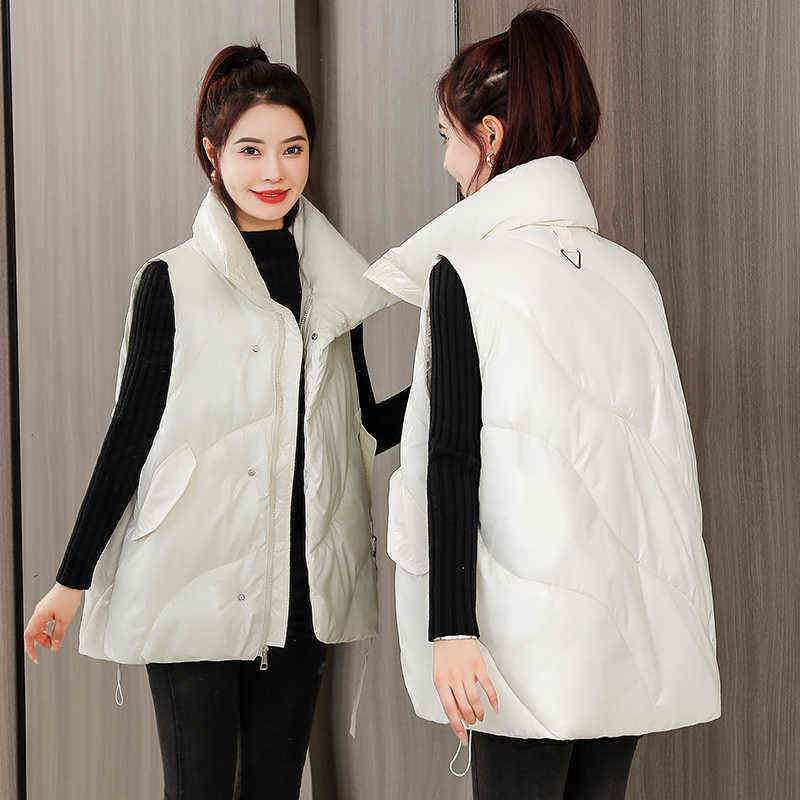 ISENMAL Student Autumn Winter Women Loose Vest Stand Collar Girls Jacket Cotton Padded Lady Windproof Warm Waistcoat 211130wtt