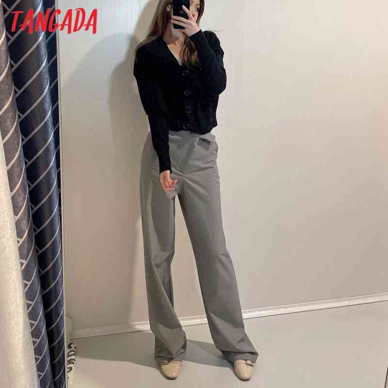 Fashion Women Gray Suit Trousers Pockets Buttons Office Lady Pants Pantalon JE01 210416