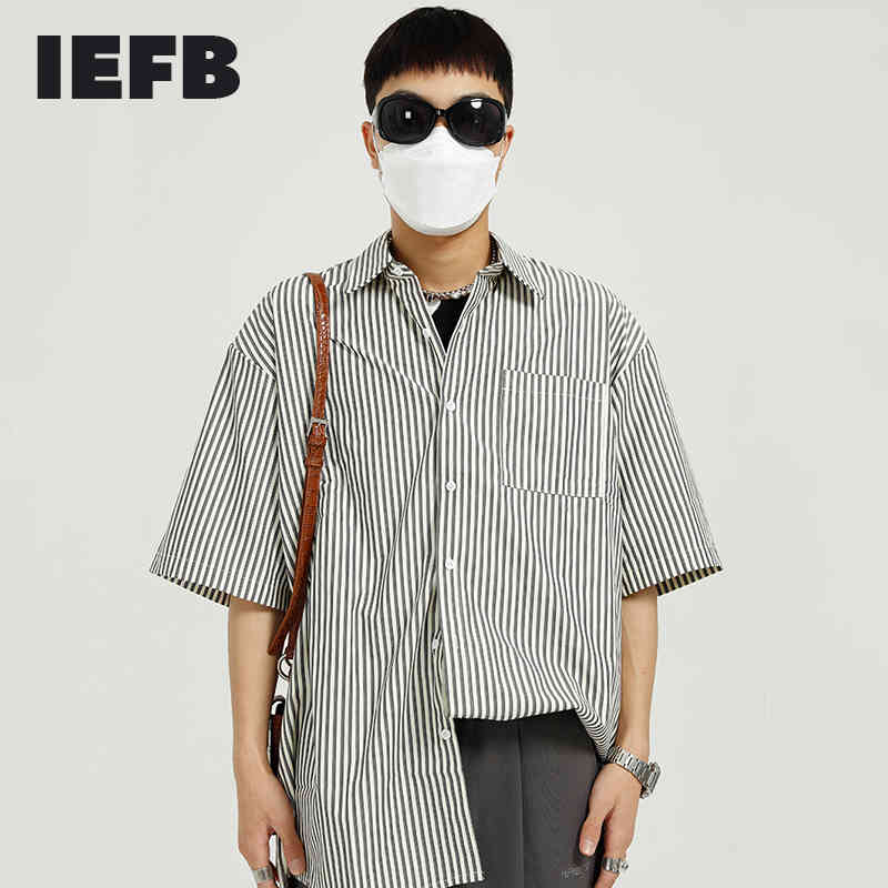 IEFB Men's Clothing Summer Simple Stripe Shirt Men's Fashion Personality Loose Casual Oversized Blue Shirts 9Y7458 210524