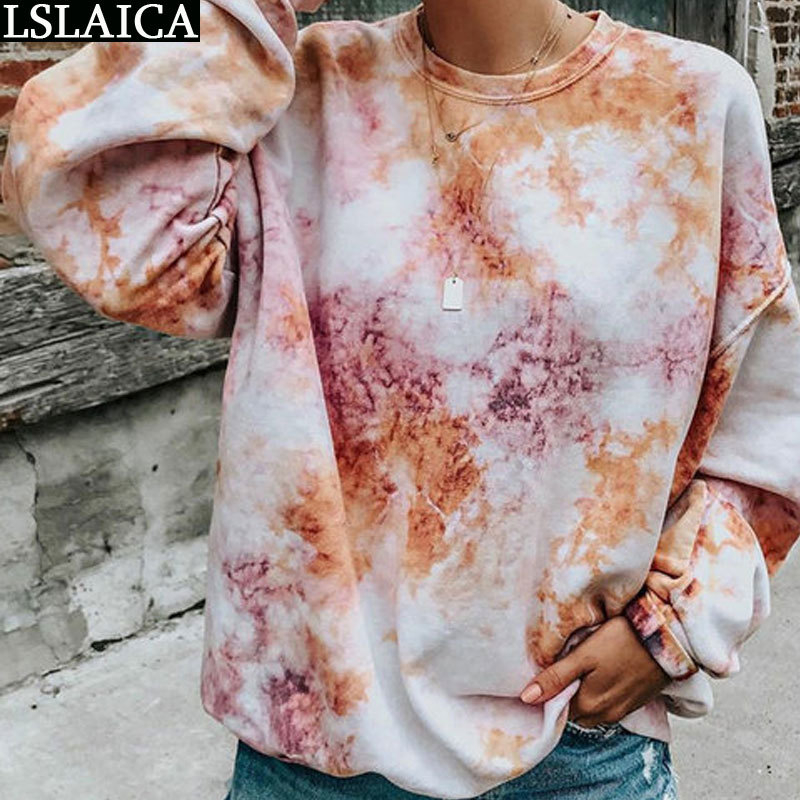 Sweatshirt Tie-Dye Long Sleeve Round Neck Women Sweetshirts Knitted Loose Caual Wlid Streetwear Oversize Moletom Feminina 210520