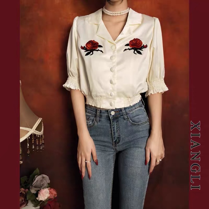 vintage rose flower embroidery white short puff sleeve single breasted casual daily shirt woman young blouse blusen damen 210421