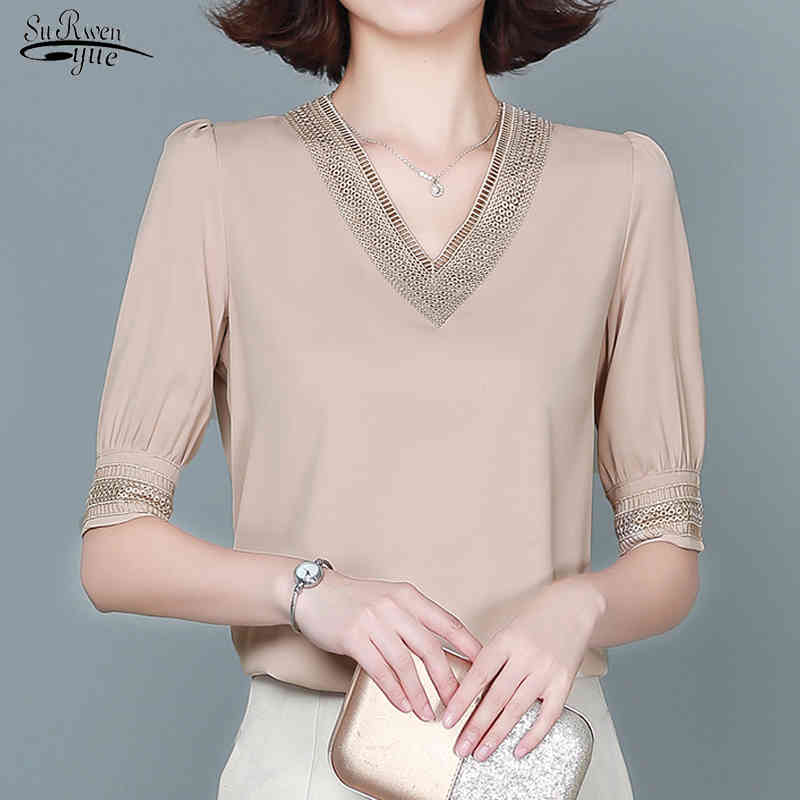 Summer Embroidery Short Sleeve Casual Silk Satin Shirts Office Lady Solid V-neck Blouse Women Plus Size Loose Tops Clothes 13460 210521, Bean green 
Summer Embroidery Short Sleeve Casual Silk Satin Shirts Office Lady Solid V-neck Blouse Women Plus Size Loose Tops Clothes 13460 210521, Bean green
