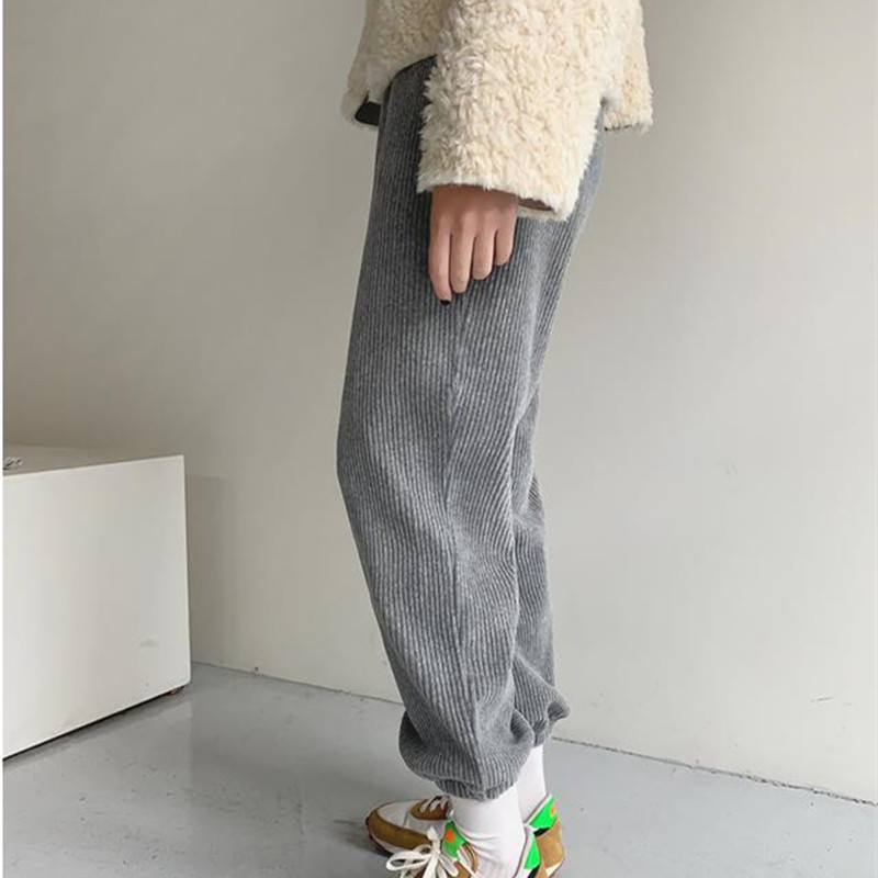 Spring Autumn Elegant Casual Sweatpants High Waist Straight Corduroy Pants Women Bottoms OL Solid Loose Trousers 210421