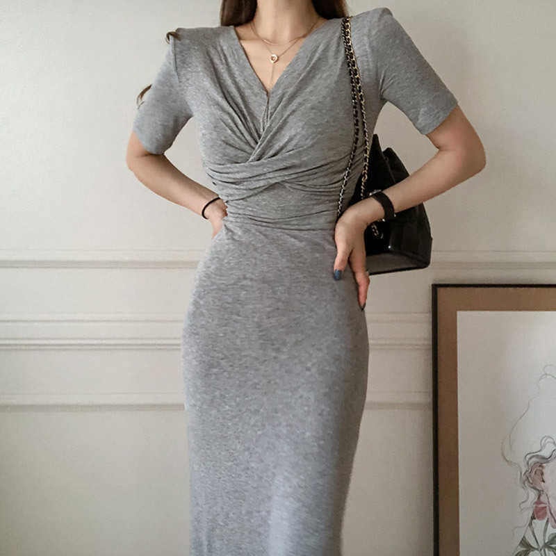 WOMENGAGA Summer Top Korean Casual Temperament Slim Long V-neck Pleated Short Sleeve T Shrit Maxi Dress Dresses HWTJ 210603