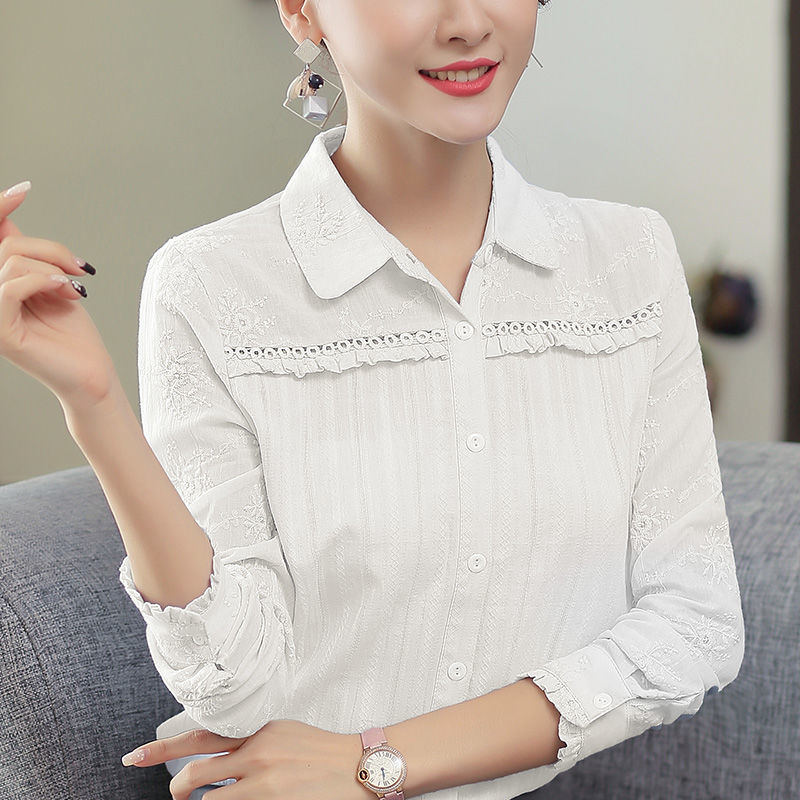 100% Cotton White Blouse Spring Autumn Office Lady long sleeve Turn-down Collar Women Shirts Embroidery Ladies Tops Bluse D197 210512