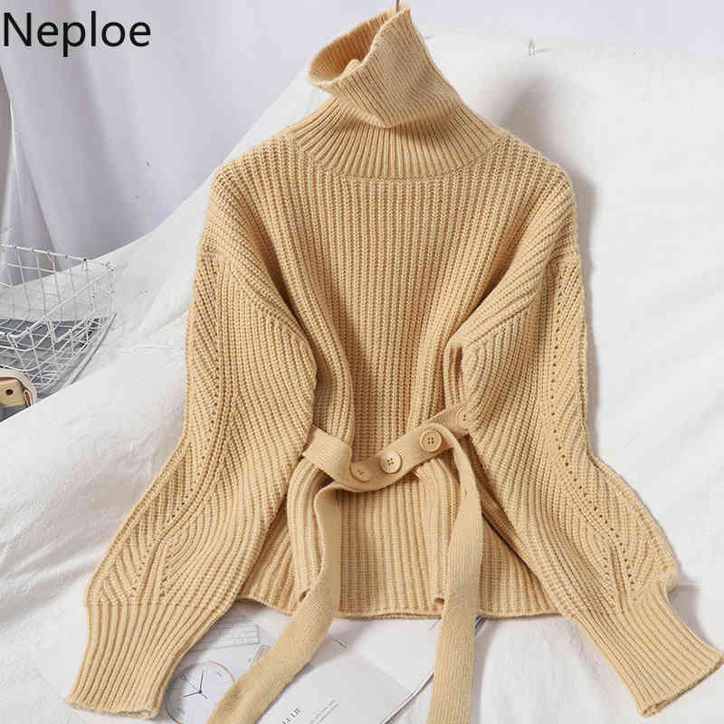 Neploe Winter Clothes Woman Sweaters Tuitleneck Lace Up Knitted Pullovers Women Korean Temperament Loose Jumper Sueter Mujer 210422