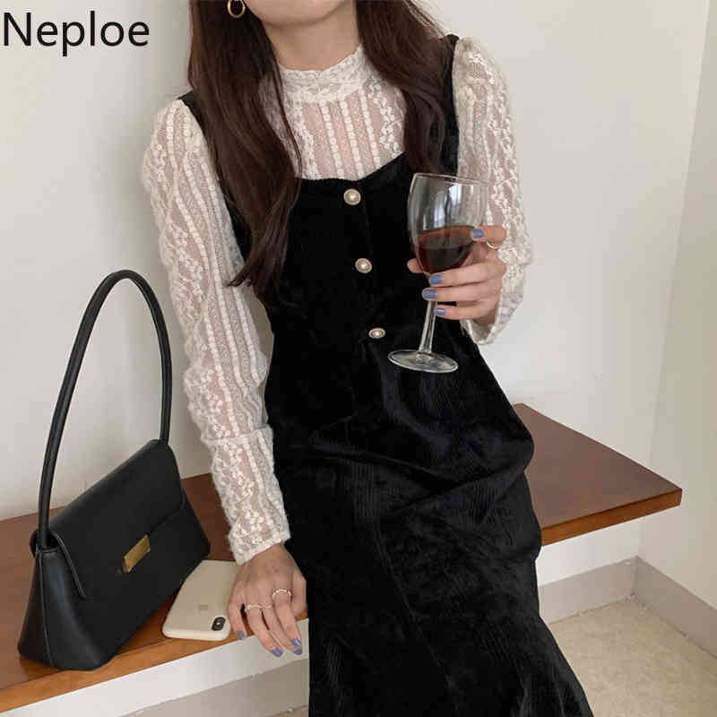 Neploe Elegant Lace Dress Long Sleeve Black Dresses Women Clothing Korean High Waist Vestidos Vintage Stand Neck Corduroy Robe 210422