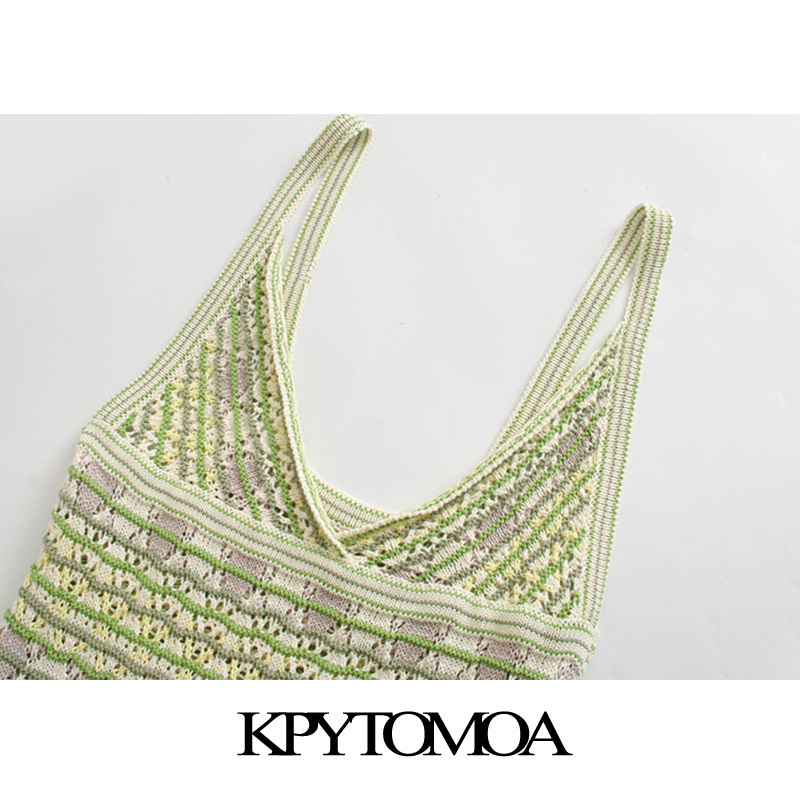 KPYTOMOA Women Chic Fashion With Tassel Knitted Midi Dress Vintage Backless Fringed Hem Straps Female Dresses Vestidos 210409