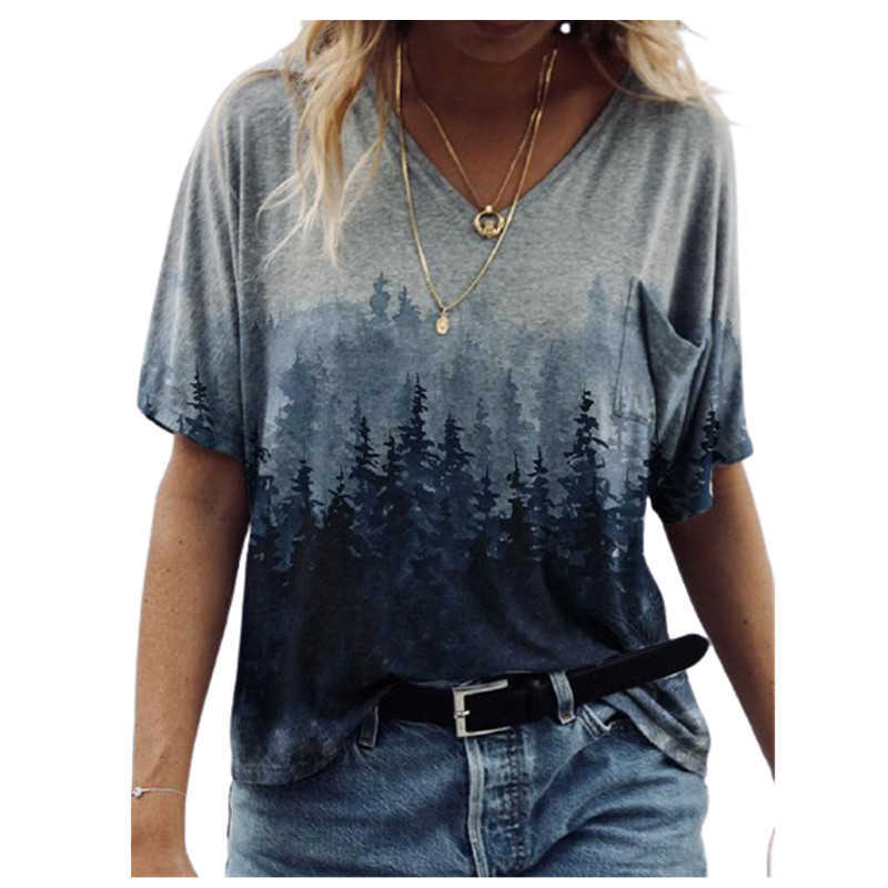 Oversize Women T Shirt Summer Casual Landscape Print Streetwear V-Neck Short Sleeve Pockets Loose Tee Tops Plus Size Ladies Tees 210526