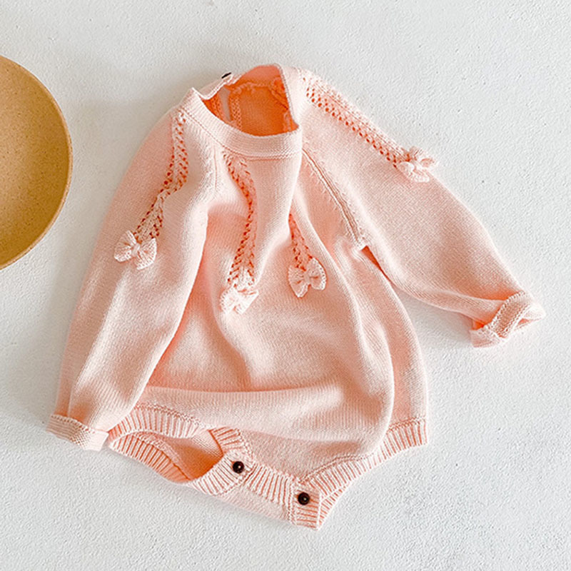 Infant Baby Girls Bowknot Knit Rompers Clothing Autumn Winter Kids Girl Long Sleeve Clothes 210429