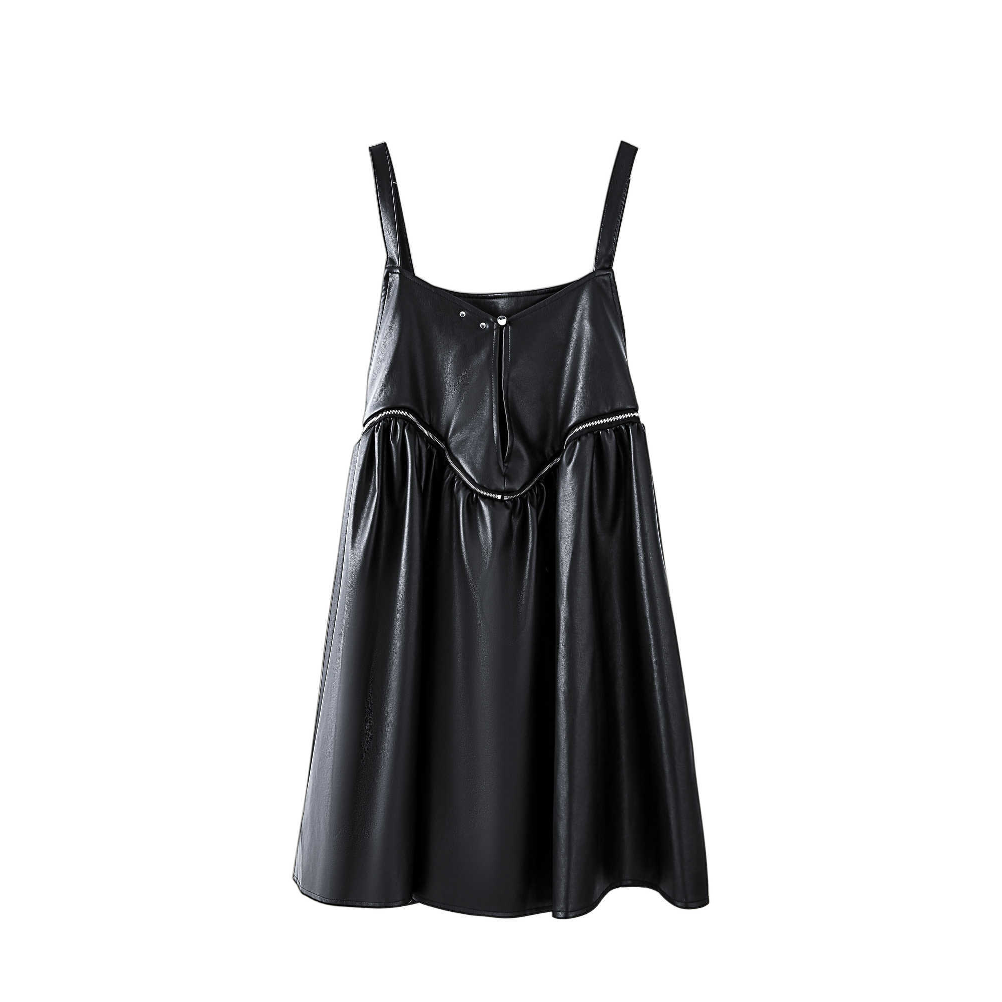 VANOVICH Korean Summer Black PU Leather Dress Women High Waist Chain Sling 210615Z