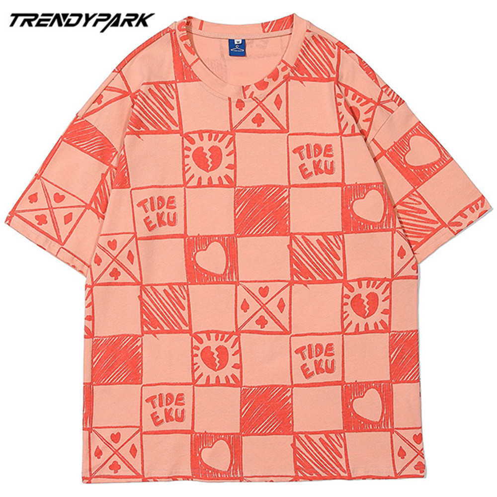 Men's T-shirt Hand Drawing Checked Plaid Summer Short Sleeve Printed Oversized Cotton Casual Harajuku Streetwear Top Tshirts 210601