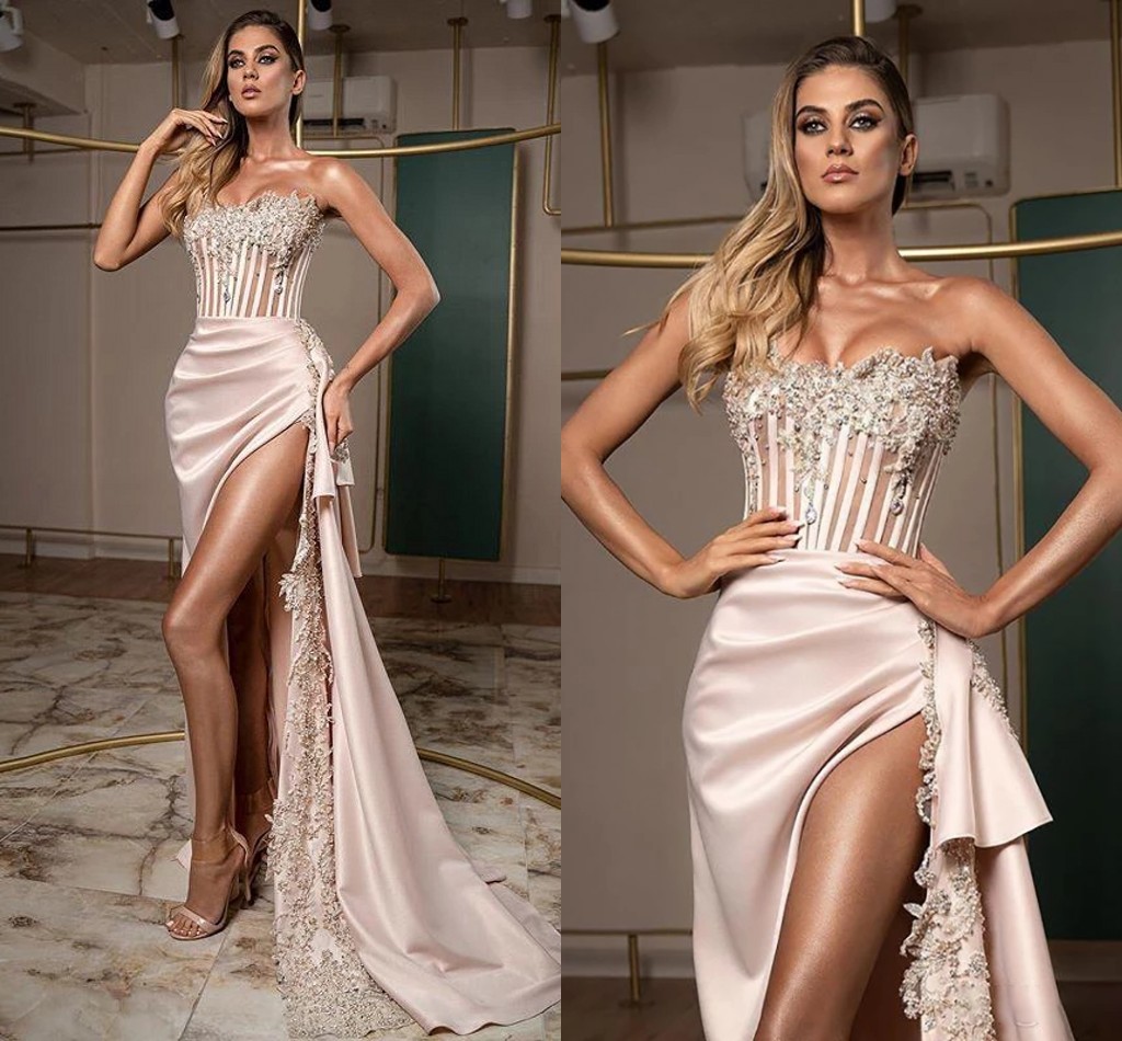2021 Prom Dresses Sexy Strapless High Side Split Evening Gowns Elegant Satin Lace Appliques Beaded Arabic Aso Ebi Women Special Occasion Dress Formal Wear AL9199, Dark green
2021 Prom Dresses Sexy Strapless High Side Split Evening Gowns Elegant Satin Lace Appliques Beaded Arabic Aso Ebi Women Special Occasion Dress Formal Wear AL9199, Dark green