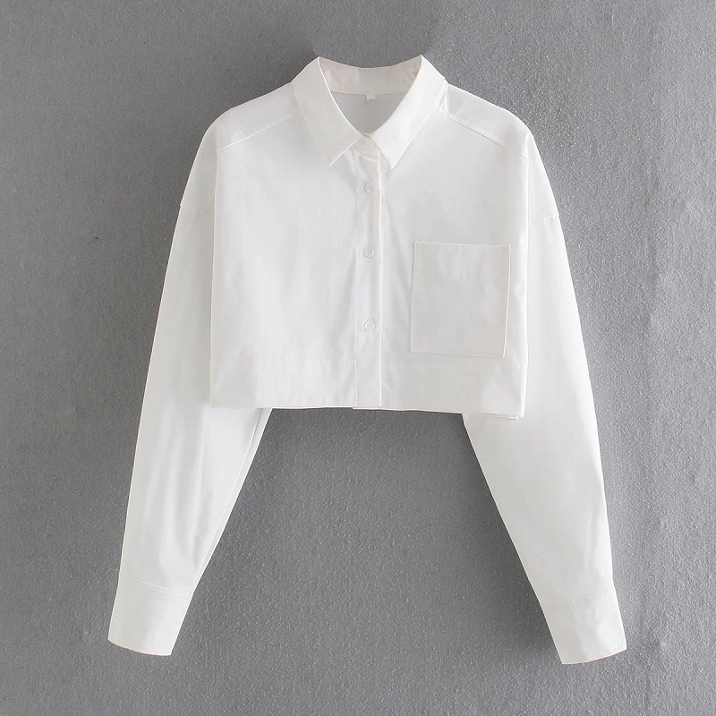 Elegant White Basic Women Cropped Shirt Summer Vintage Single Breasted Long Sleeve Lapel Pocket Temperament Chic Tops 210521