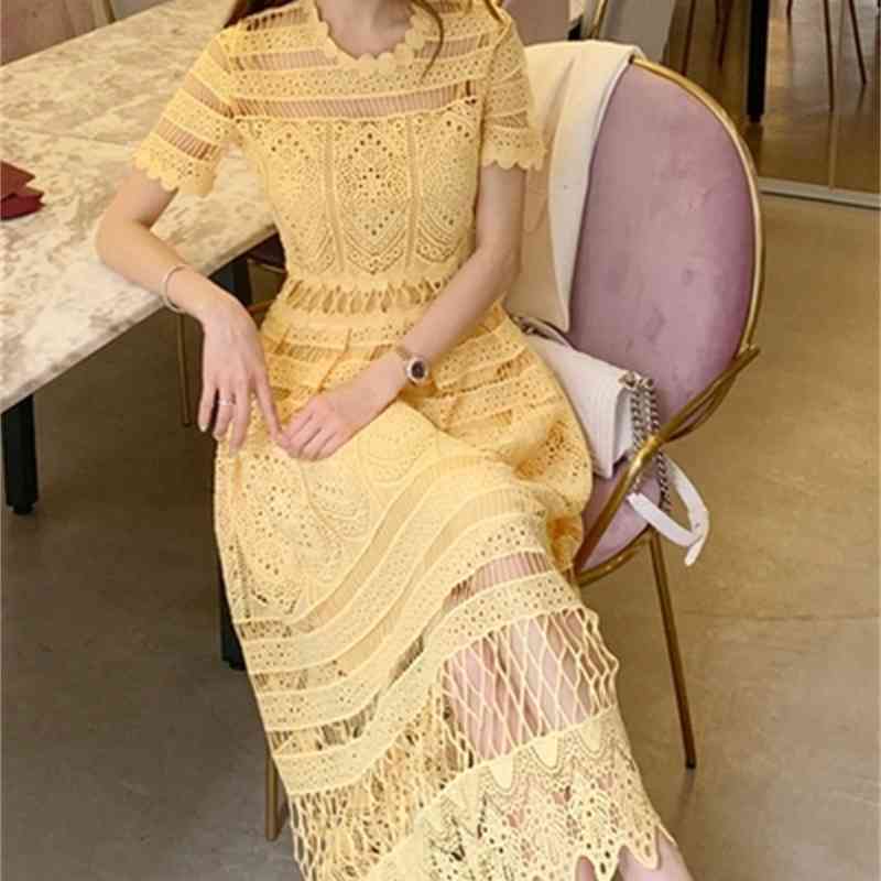 2019 Summer Korean Yellow Dress Women Short Sleeve Hollow Out Hook flower Solid Lace Dress Women Elegant Long Dress 210331