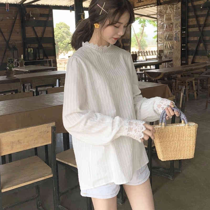 Blouse Women White Striped Ladies Tops Autumn Korean Cotton Shirt for Lace Casual Lantern Long Sleeve Pullover 10912 210427