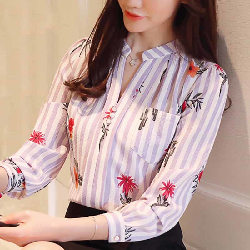 Autumn Long Sleeve Women's Blouses Print Chiffon Tops Fashion V-Neck Women Office Lady Shirt Blusas Mujer Z0001 40 210518