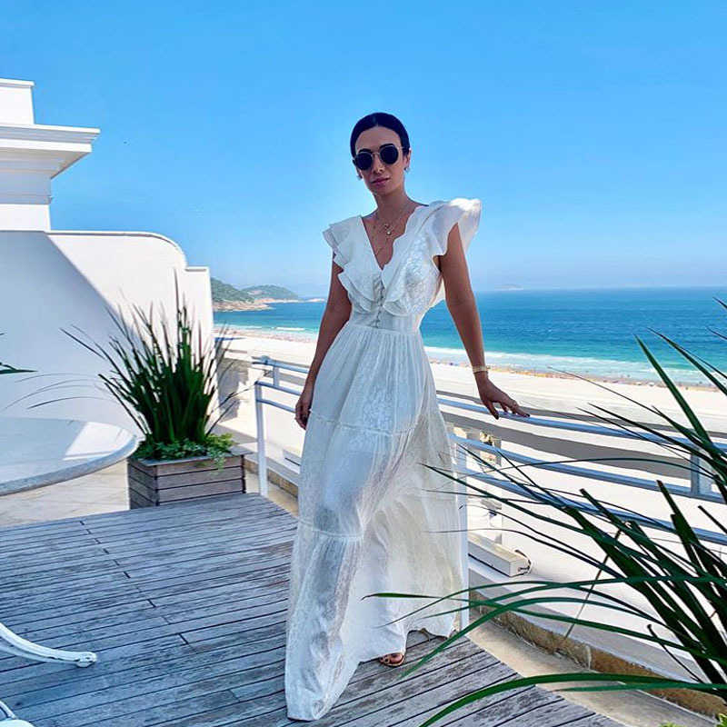 Women Dress V Neck Backless Bohemian Ruffles Sexy Beach es Short Sleeve High Waist Loose Maxi es 210524