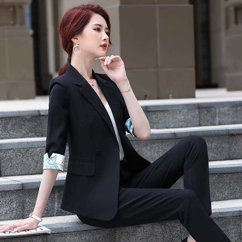 Pink Pants Suit Women Summer Professional Half Sleeve Slim Blazer and Trousers Office Ladies Fashion Casual Work Wear 210604