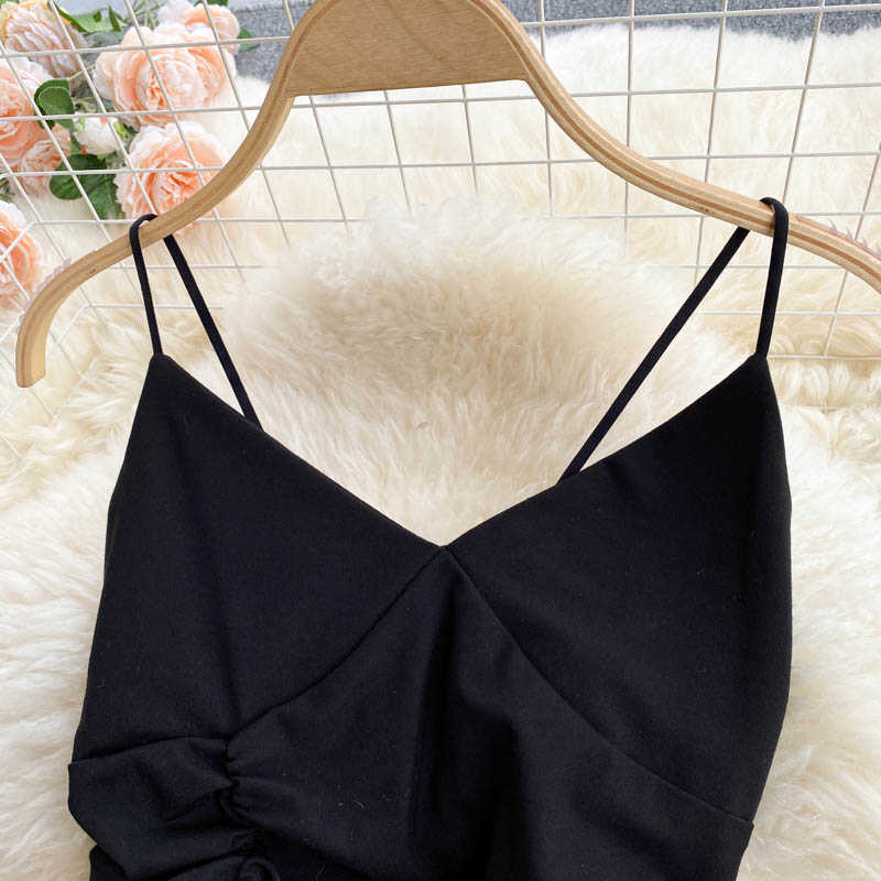 Summer Spaghetti Strap Dresses Folds Slim Waist Sexy Strapless Women Sling Dress Korean Fashion Vestido 6H531 210603