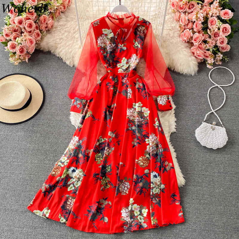 Women Dress Spring Gauze Patchwork Floral Chiffon Dresses Vintage Elegant Long Sleeve Large Swing Vestidos Mujer 210519