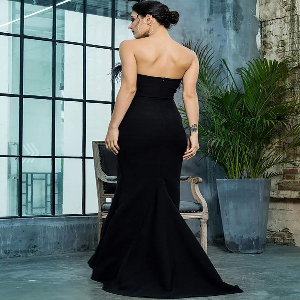 Chic Black Strapless Evening Dress With Feather Sexy High Slit Dance Prom Formal Party Dresses 2021 Elegant Women Vestidos Noite Robes De Soirée