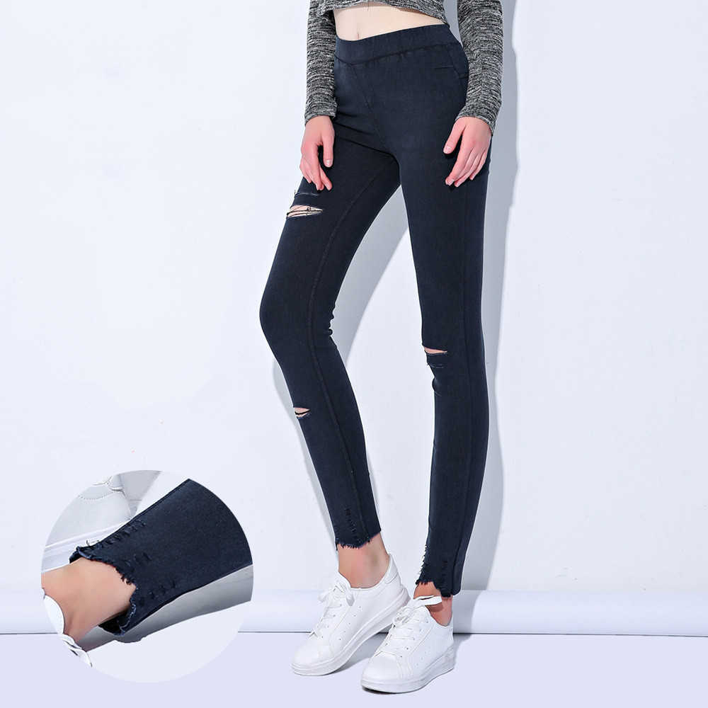 Summer Plus Size High Waist Skinny Denim Jeans Pant Ripped Hole Strechy Pencil Trousers Black Jeggings for female 210809