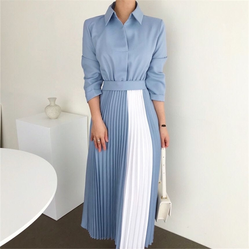 Blue Chic Elegant Pleated Dress Woman Cloth High Waist Long-sleeve Turn-down Collar Vestidos Lace Up Spring Dresses Female 210603
Blue Chic Elegant Pleated Dress Woman Cloth High Waist Long-sleeve Turn-down Collar Vestidos Lace Up Spring Dresses Female 210603