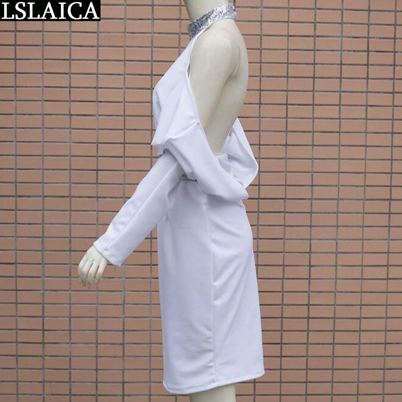 Winter dress long sleeve white halter sexy caual party elegant high waist solid color evening club bodycon 210515