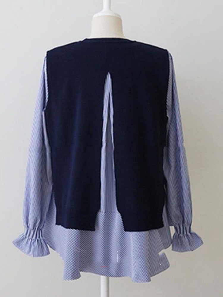 Nomikuma Women Blouse Sweet Knitted Vest Set Flare Long Sleeve Casual Blusas Shirt + Back Split Causal Sweater Vests Suits 6D780 210427