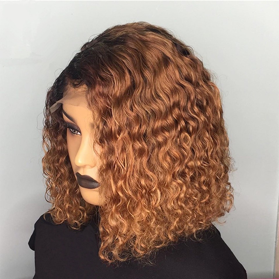 1B/99J Burgundy Red 13x4 Brazilian Full Wigs Pre Plucked Ombre Brown Short Bob Kinky Curly Synthetic Lace Front Wig 150 Density