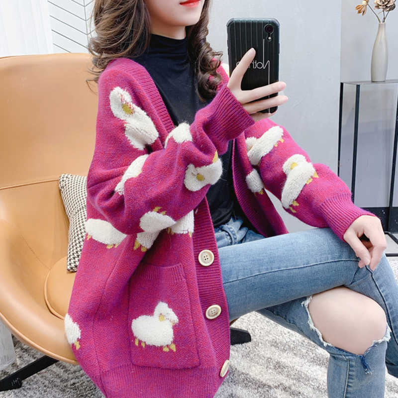 Cardigan Women Sweater Loose Oversize Long Sleeve Cartoon Sheep Elegant Tops Sweet Knitted Coat Jacket 211018