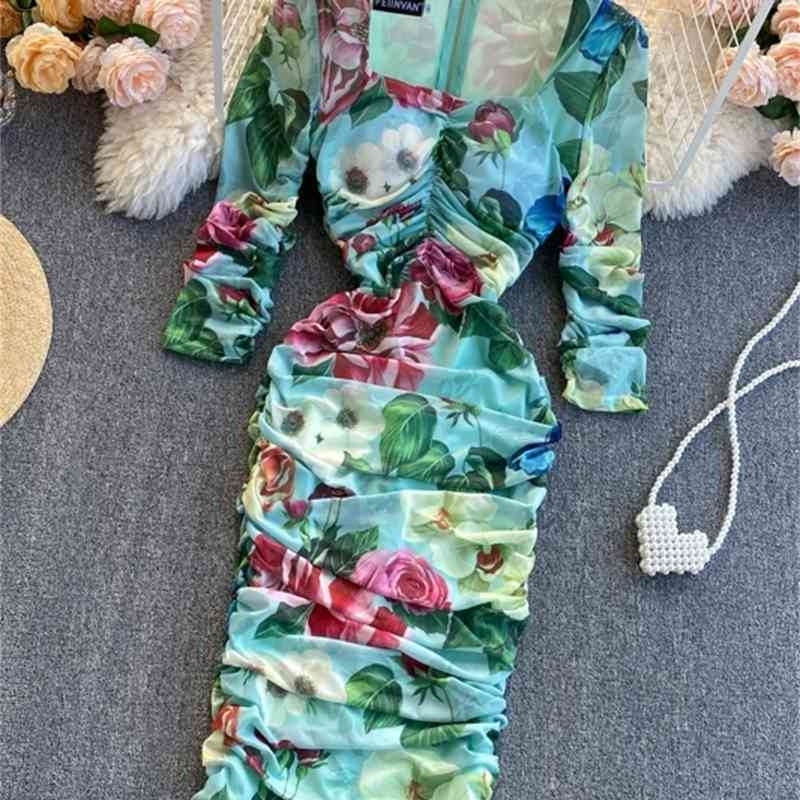 Pleated Floral Print Woman Maxi Dress Summer Elegant Party Lady Vestidos Women Sexy Pencil Long Dresses Robes 210519