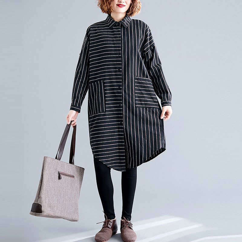 Spring Arts Style Women Turn-down Collar Loose Casual Long Blouses Double Pocket Cotton Striped Shirts Femme Tops S34 210512