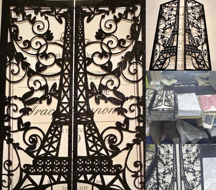 2021 Blue Shimmer Laser Cut Eiffel Tower Wedding Invitation with Glittery Belly Band Anniversary Invites 20+Color Available Free Printing