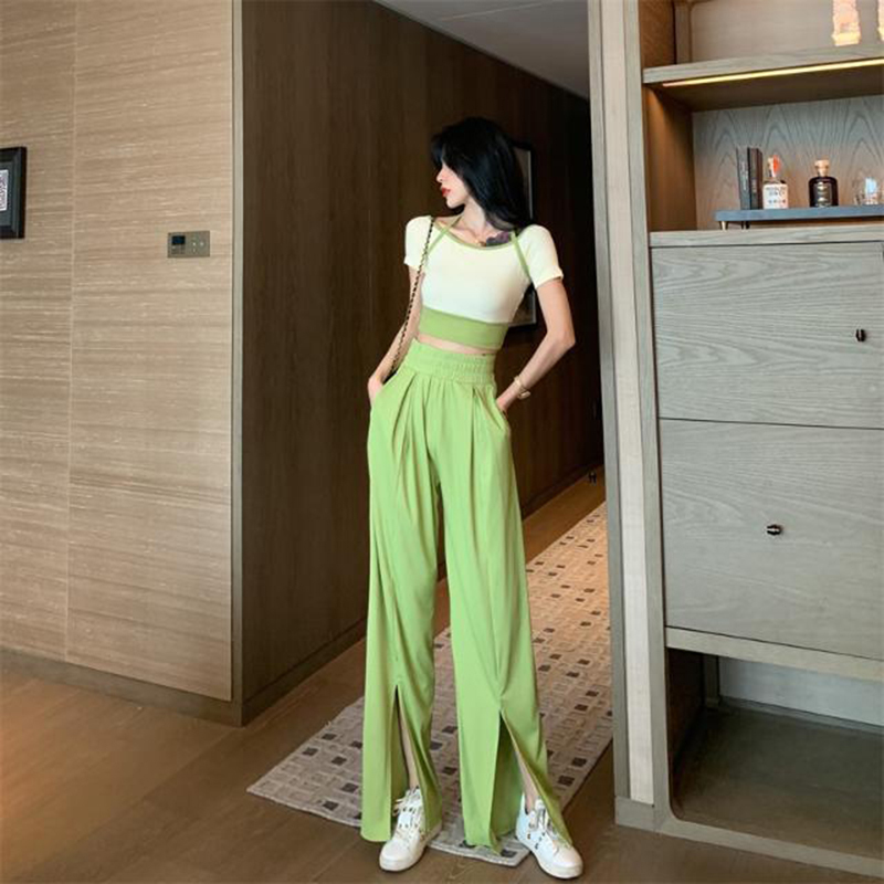 Summer Split Wide Leg Straight Pants +Short Sleeve Tee 2 Pieces High Waist Casual Streetwear Trouser Sets Women Fashion Suits 210510