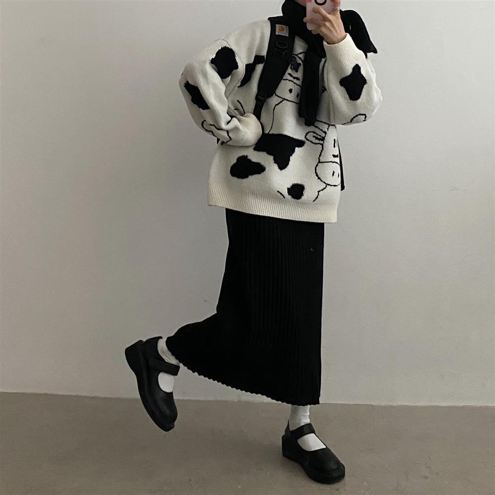 Vintage Casual Cow Print Sweater Women Winter O Neck Loose Lazy Femme Korean Harajuku Knitted Pullover Cute Sweet Jumper 210522